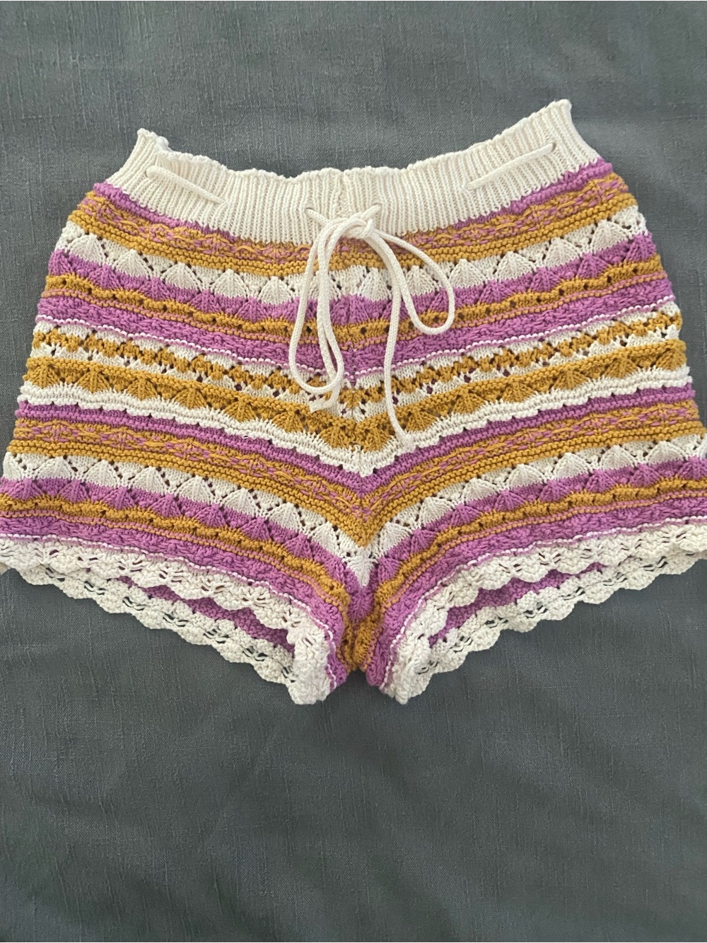 Timing Crochet Striped Shorts in Cream, Purple, and Mustard